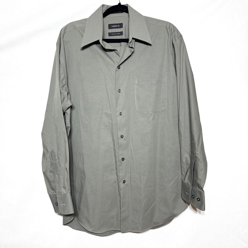 Claiborne Mens Large 16 34/35 Wrinkle Free Pocket Button Long Sleeve Sage Shirt